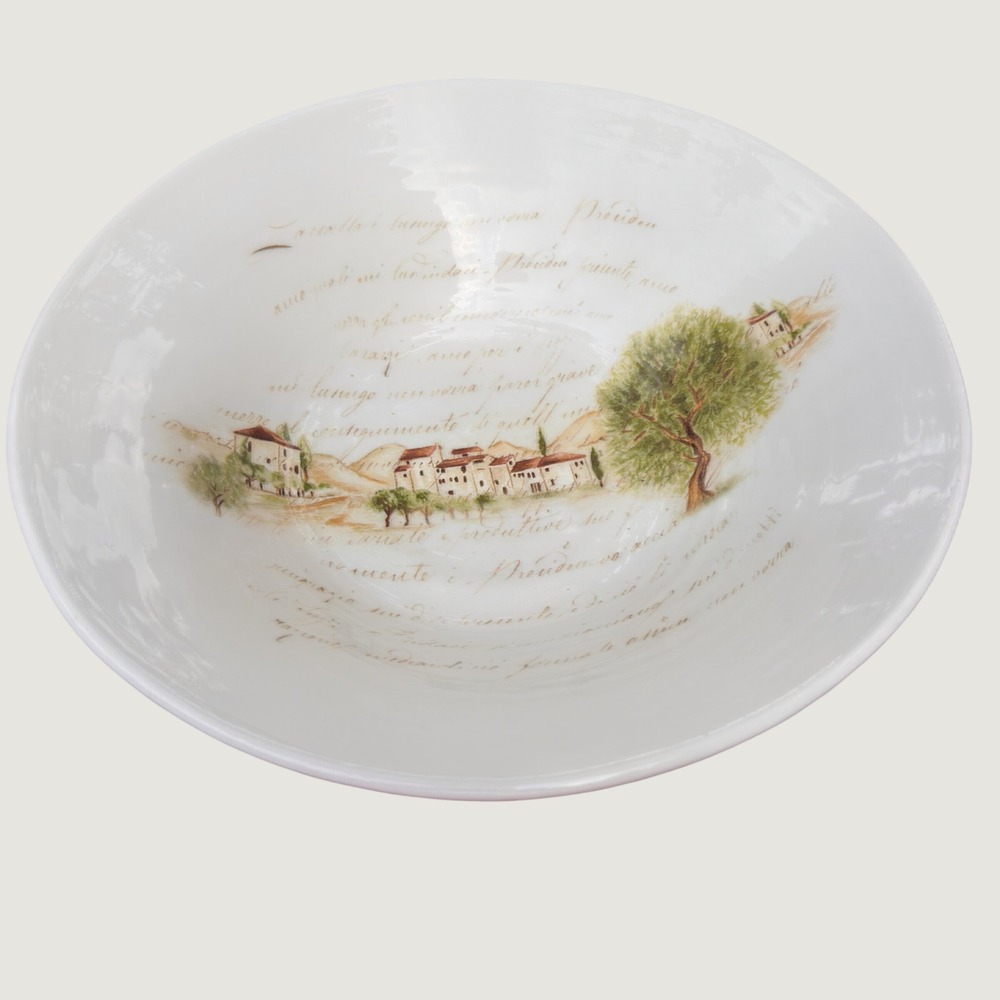 Ceramica Cuore Italian Serving Bowl White Tuscan Villa Script 12.5in Cottagecore